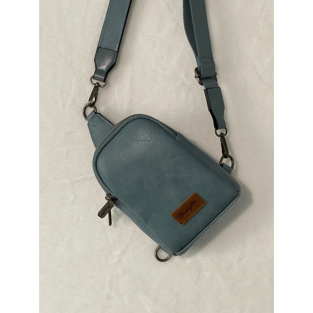 Wrangler Slate Blue Vegan Leather Sling Crossbody Bag Adjustable Strap Gunmetal